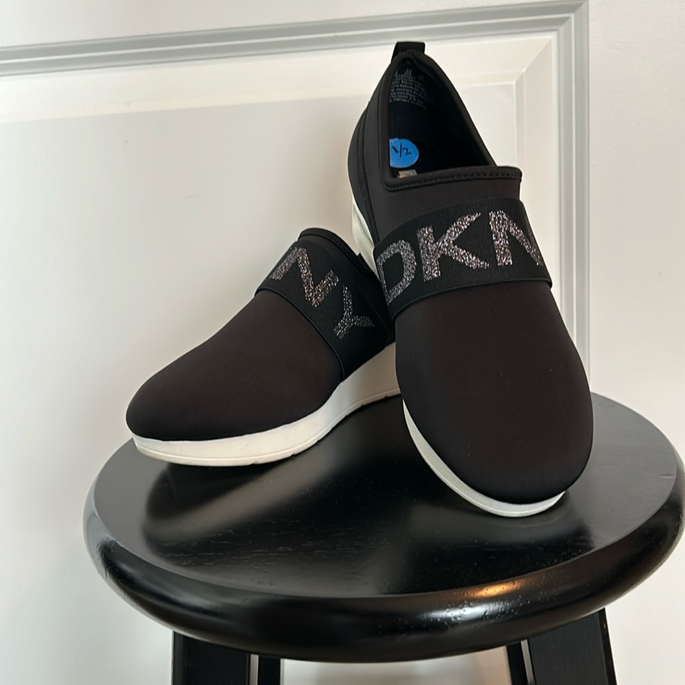 Donna Karan women’s size 7 1/2 black nylon ish comfy wedge sneakers/ tennis.